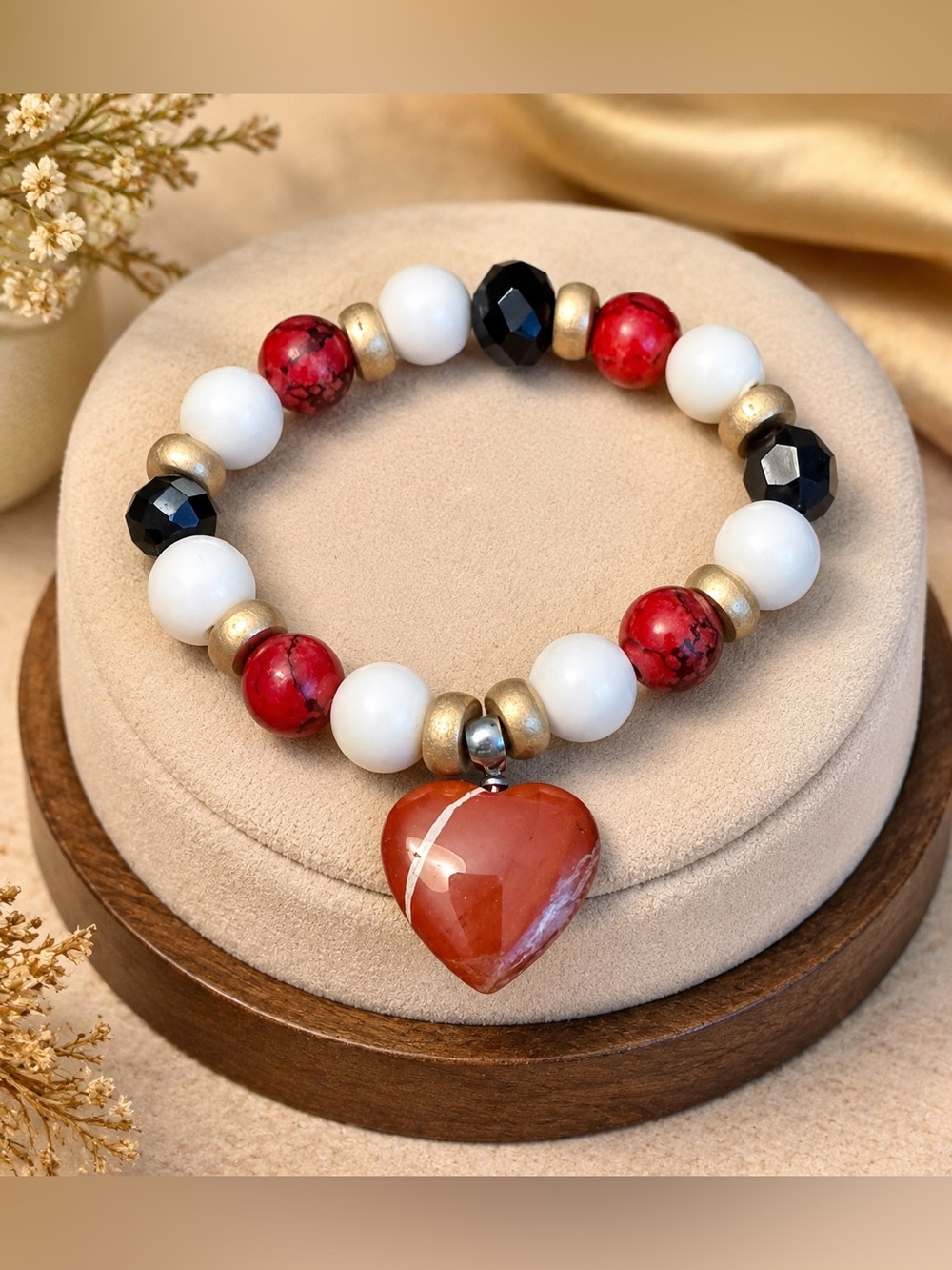 Red Jasper Heart Pendant Beaded Stretch Bracelet - Red, White & Black